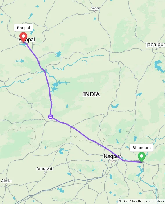 Route map showing distance and travel time from Bhandara, India to Bhopal, India