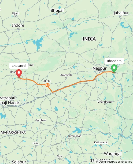 Route map showing distance and travel time from Bhandara, India to Bhusawal, India
