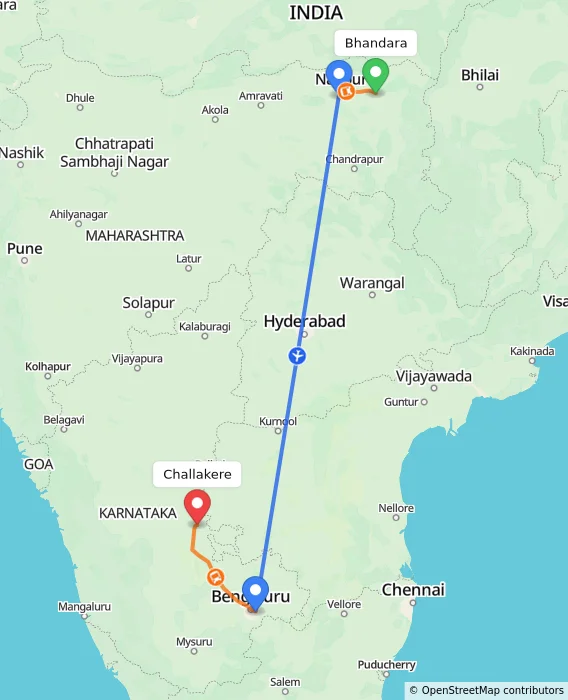 Route map showing distance and travel time from Bhandara, India to Challakere, India