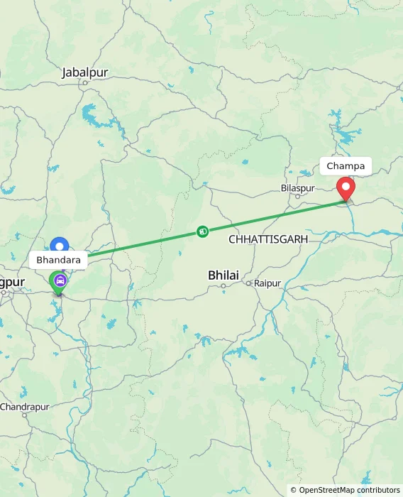 Route map showing distance and travel time from Bhandara, India to Champa, India