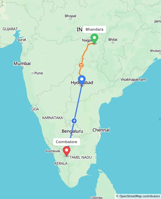 Route map showing distance and travel time from Bhandara, India to Coimbatore, India