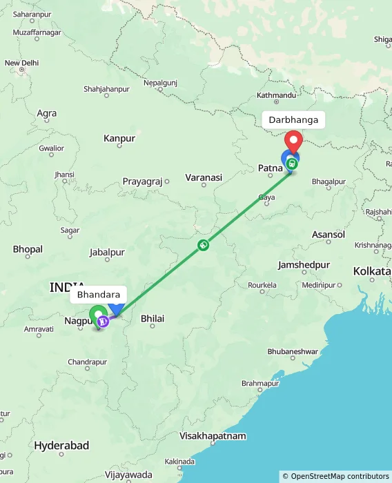 Route map showing distance and travel time from Bhandara, India to Darbhanga, India