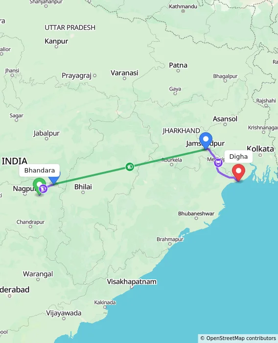 Route map showing distance and travel time from Bhandara, India to Digha, India