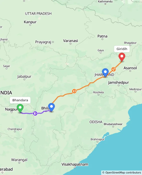 Route map showing distance and travel time from Bhandara, India to Giridih, India