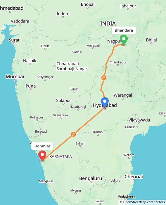 Route map showing distance and travel time from Bhandara, India to Honavar, India