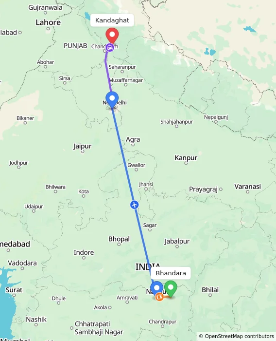 Route map showing distance and travel time from Bhandara, India to Kandaghat, India