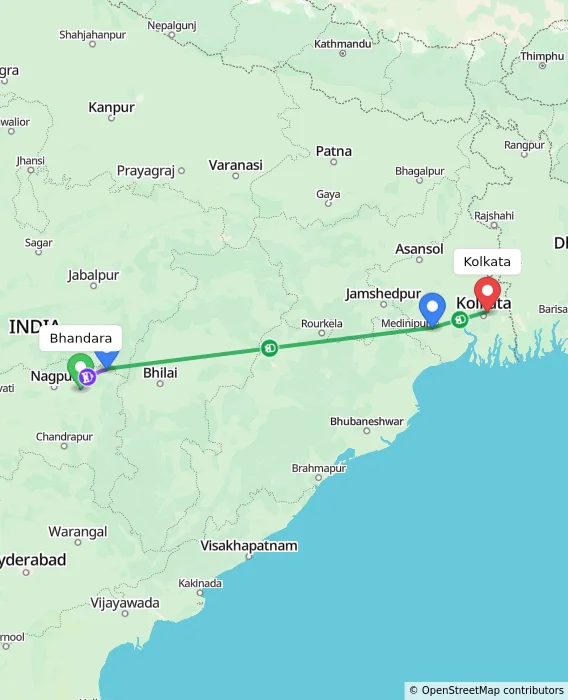 Route map showing distance and travel time from Bhandara, India to Kolkata, India