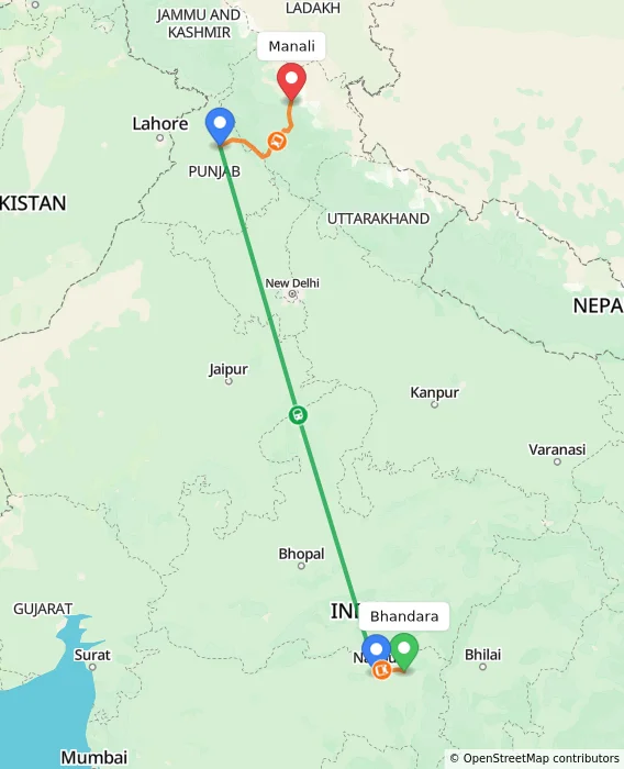 Route map showing distance and travel time from Bhandara, India to Manali, India