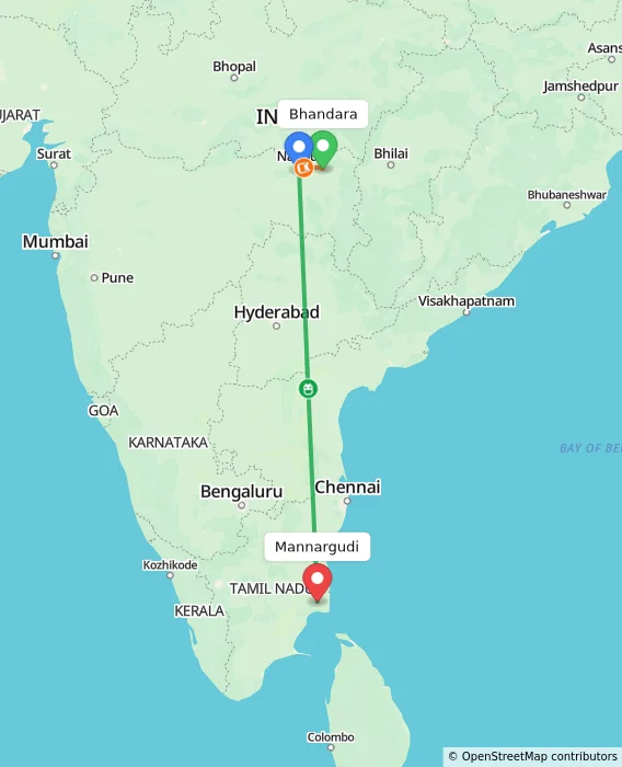 Route map showing distance and travel time from Bhandara, India to Mannargudi, India