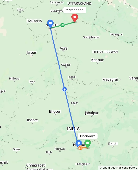 Route map showing distance and travel time from Bhandara, India to Moradabad, India