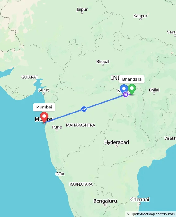 Route map showing distance and travel time from Bhandara, India to Mumbai, India