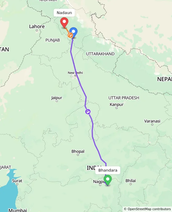 Route map showing distance and travel time from Bhandara, India to Nadaun, India
