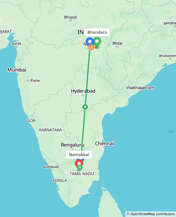Route map showing distance and travel time from Bhandara, India to Namakkal, India