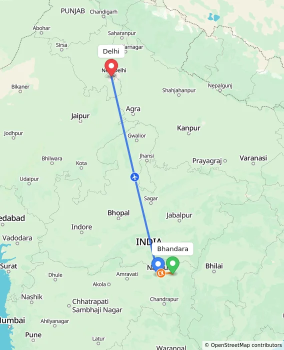 Route map showing distance and travel time from Bhandara, India to Delhi, India