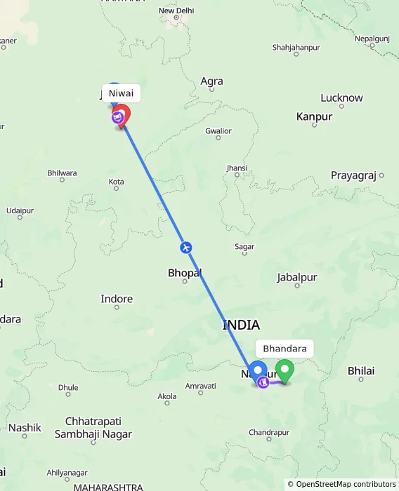Route map showing distance and travel time from Bhandara, India to Niwai, India
