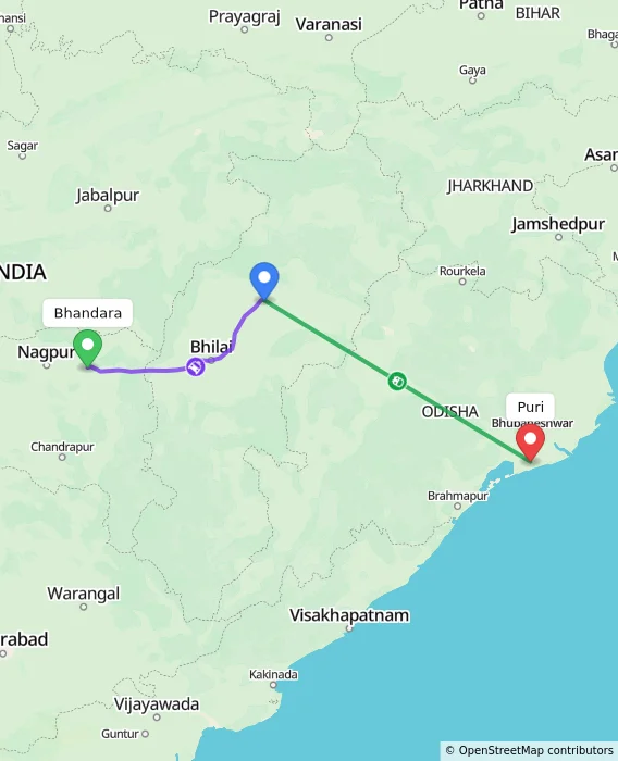 Route map showing distance and travel time from Bhandara, India to Puri, India