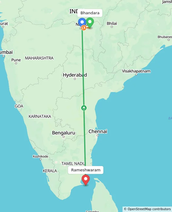 Route map showing distance and travel time from Bhandara, India to Rameshwaram, India