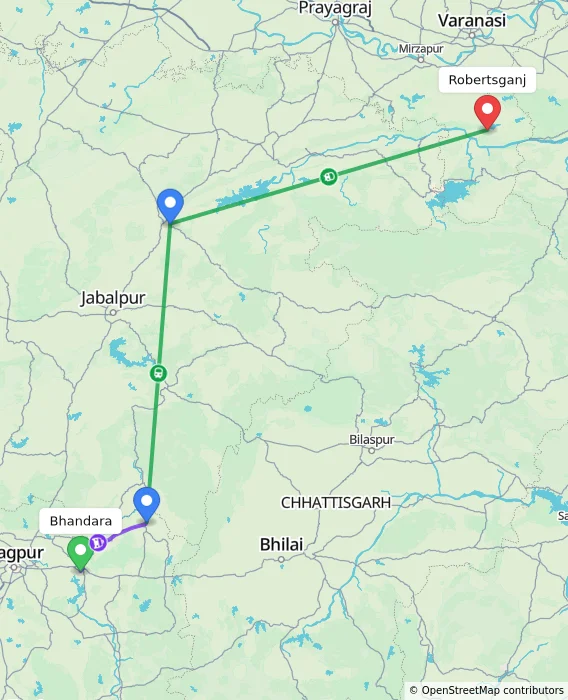 Route map showing distance and travel time from Bhandara, India to Robertsganj, India