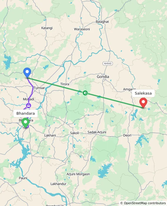 Route map showing distance and travel time from Bhandara, India to Salekasa, India