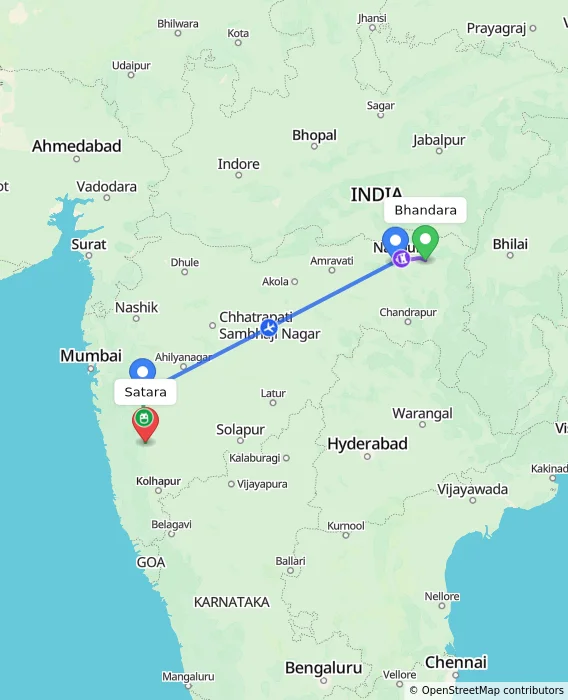 Route map showing distance and travel time from Bhandara, India to Satara, India