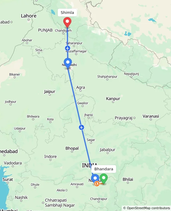 Route map showing distance and travel time from Bhandara, India to Shimla, India