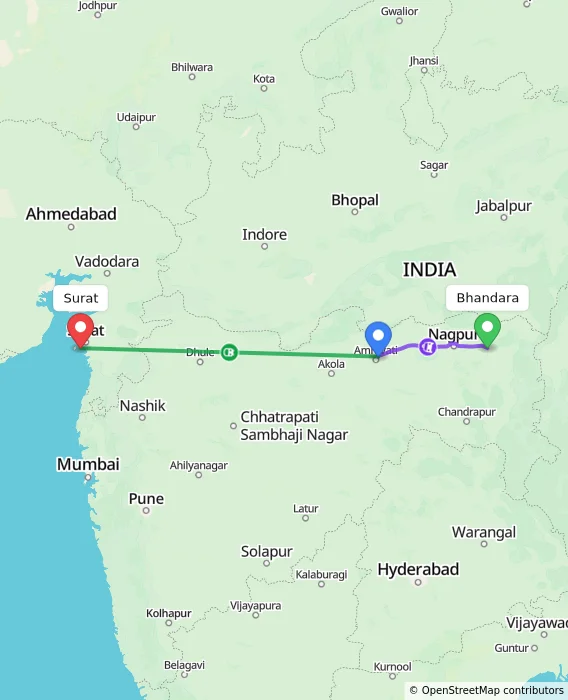 Route map showing distance and travel time from Bhandara, India to Surat, India