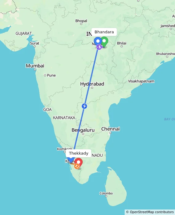 Route map showing distance and travel time from Bhandara, India to Thekkady, India