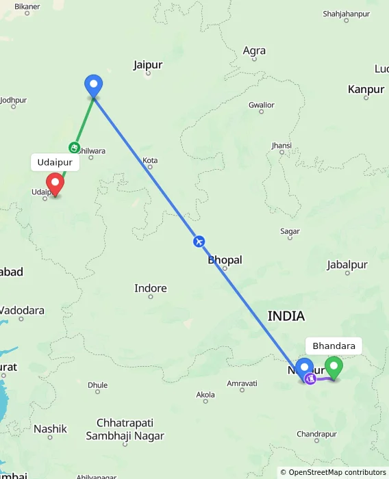 Route map showing distance and travel time from Bhandara, India to Udaipur, India