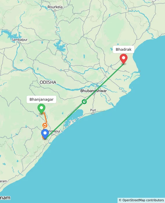 Route map showing distance and travel time from Bhanjanagar, India to Bhadrak, India