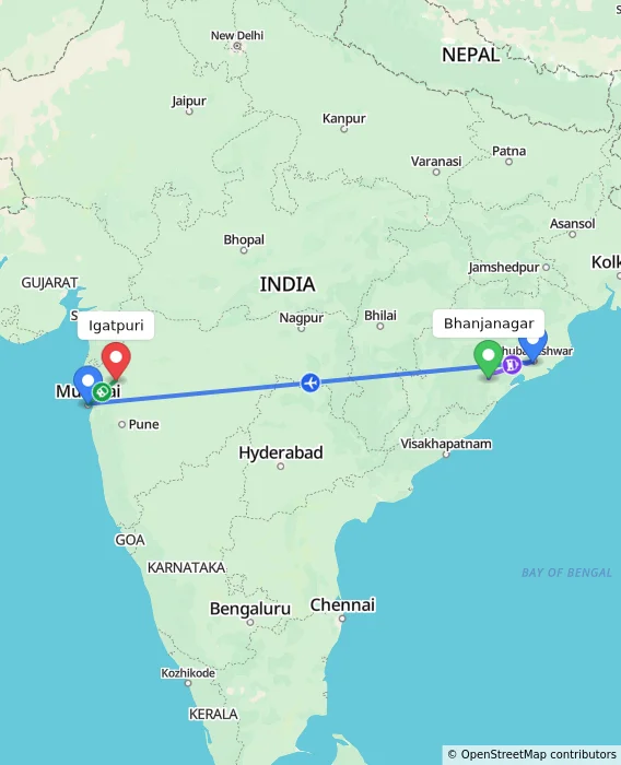 Route map showing distance and travel time from Bhanjanagar, India to Igatpuri, India
