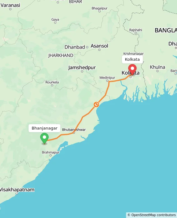 Route map showing distance and travel time from Bhanjanagar, India to Kolkata, India