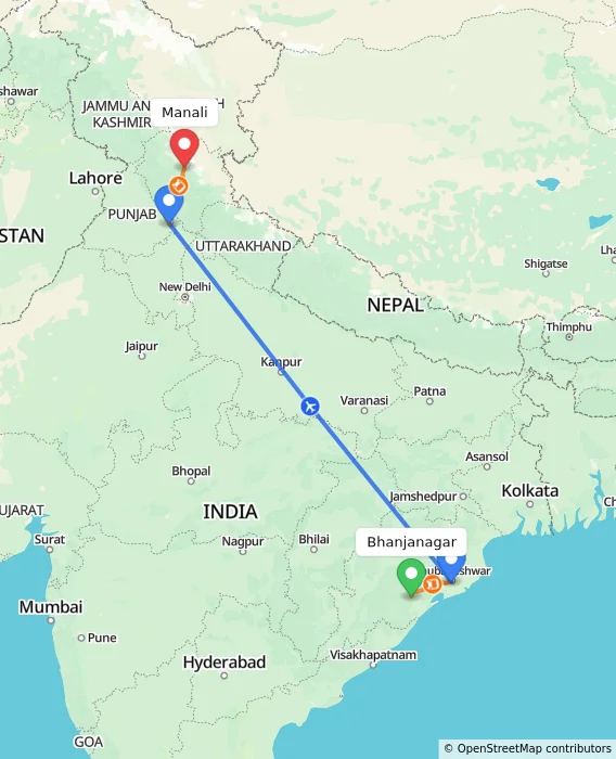 Route map showing distance and travel time from Bhanjanagar, India to Manali, India