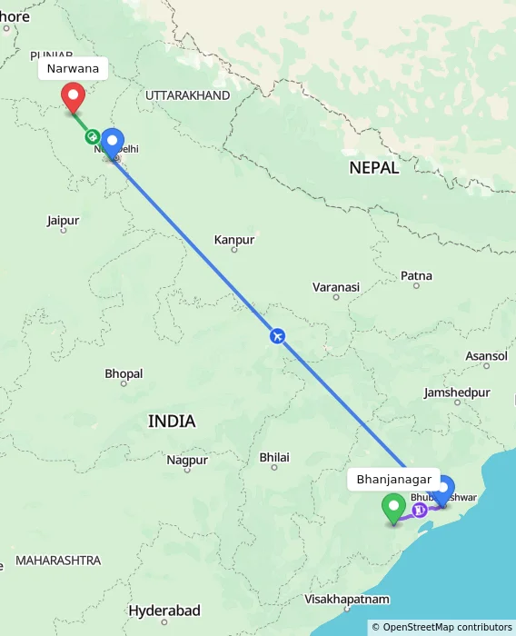Route map showing distance and travel time from Bhanjanagar, India to Narwana, India