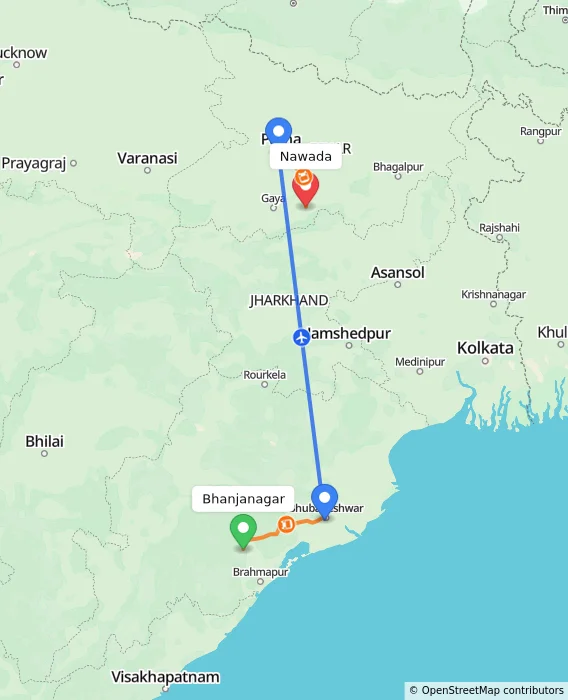 Route map showing distance and travel time from Bhanjanagar, India to Nawada, India