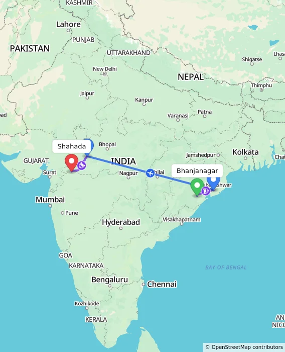 Route map showing distance and travel time from Bhanjanagar, India to Shahada, India