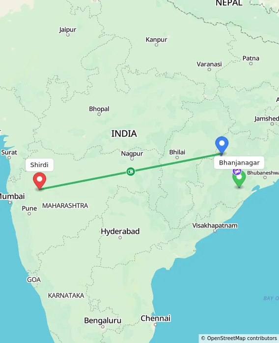 Route map showing distance and travel time from Bhanjanagar, India to Shirdi, India