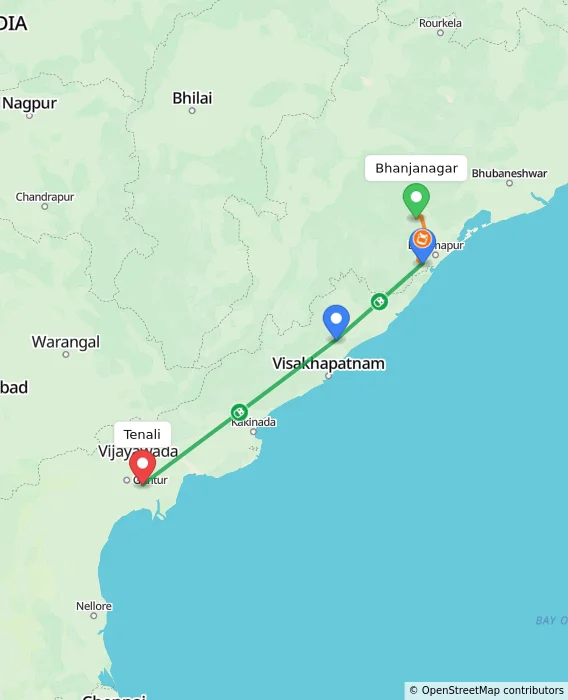 Route map showing distance and travel time from Bhanjanagar, India to Tenali, India