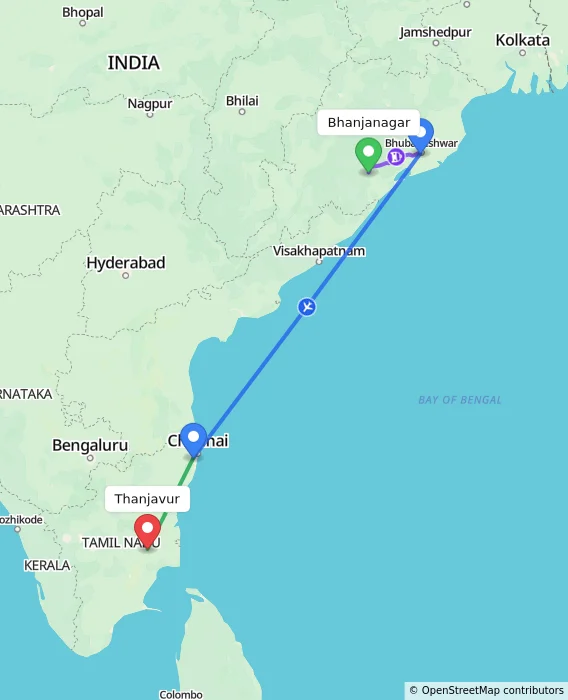 Route map showing distance and travel time from Bhanjanagar, India to Thanjavur, India