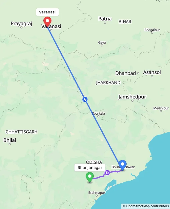 Route map showing distance and travel time from Bhanjanagar, India to Varanasi, India