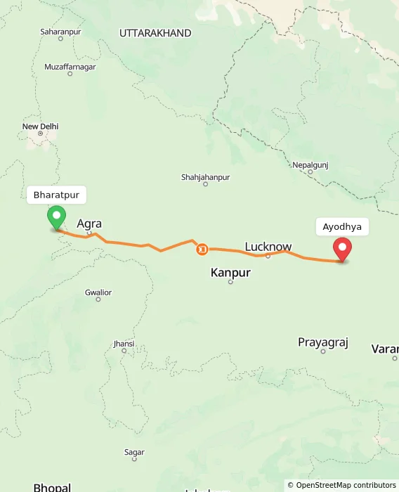 Route map showing distance and travel time from Bharatpur, India to Ayodhya, India