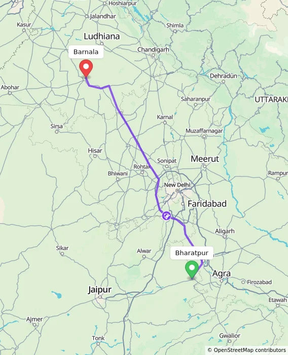 Route map showing distance and travel time from Bharatpur, India to Barnala, India