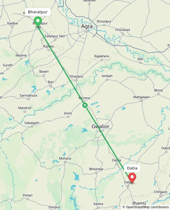 Route map showing distance and travel time from Bharatpur, India to Datia, India