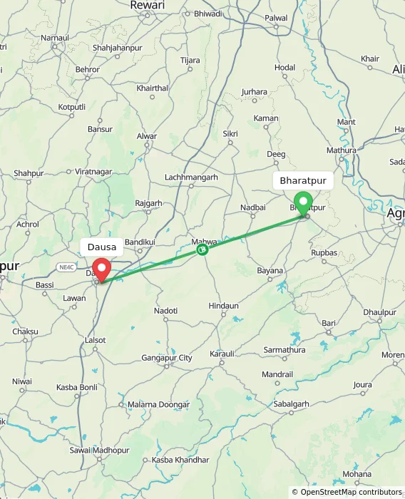 Route map showing distance and travel time from Bharatpur, India to Dausa, India