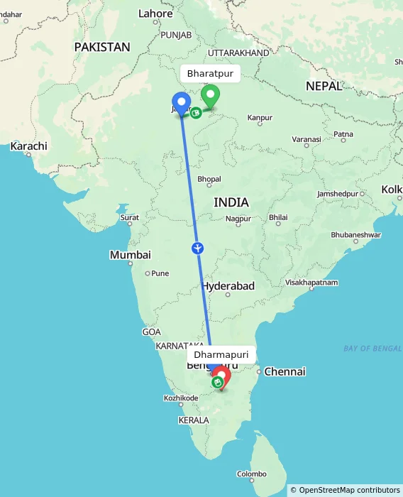 Route map showing distance and travel time from Bharatpur, India to Dharmapuri, India