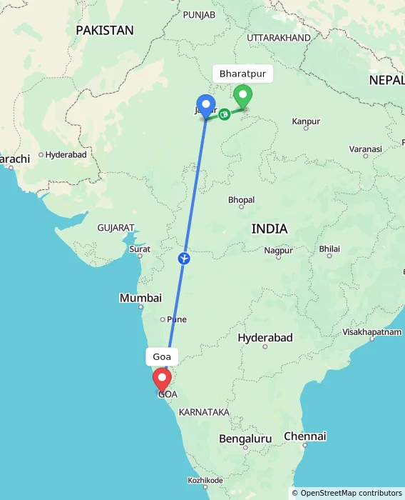 Route map showing distance and travel time from Bharatpur, India to Goa, India