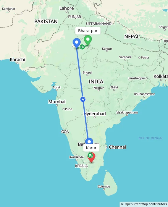 Route map showing distance and travel time from Bharatpur, India to Karur, India