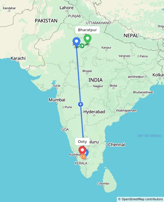 Route map showing distance and travel time from Bharatpur, India to Ooty, India