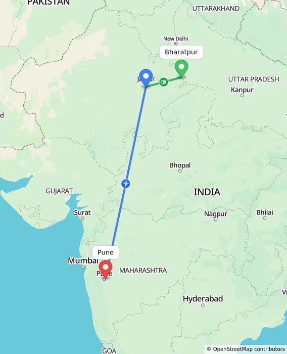 Route map showing distance and travel time from Bharatpur, India to Pune, India