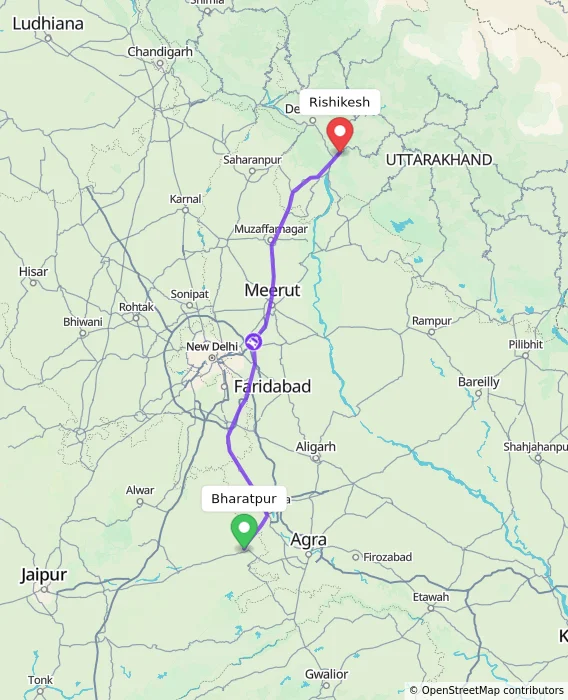 Route map showing distance and travel time from Bharatpur, India to Rishikesh, India