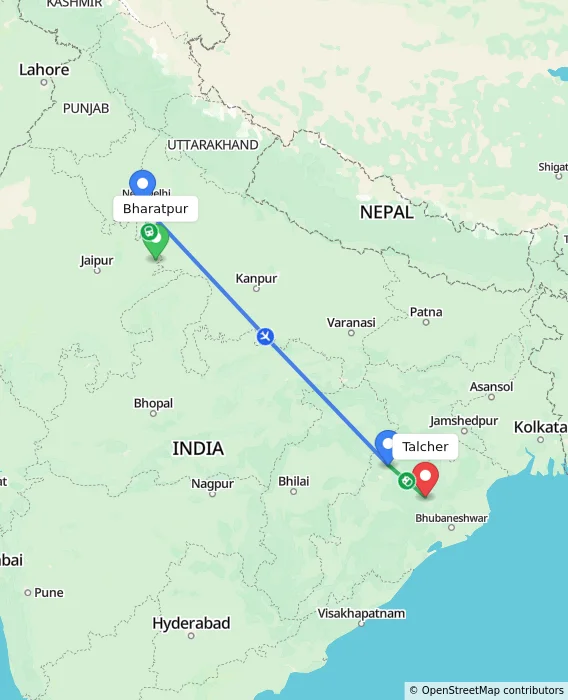 Route map showing distance and travel time from Bharatpur, India to Talcher, India
